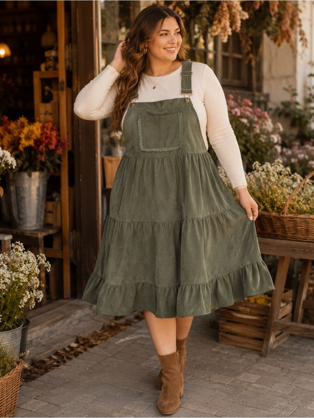 BloomChic Tiered Overall Dress Olive Green Corduroy NWT Size 10 - Picture 9 of 9